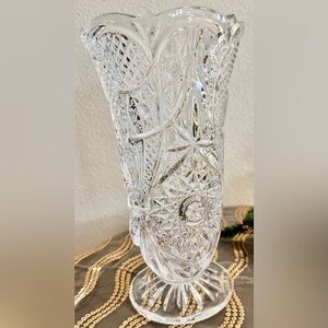 Bohemian Czech Cut Fluted Crystal Vase with Scalloped Edge & Pedestal Base, 10”